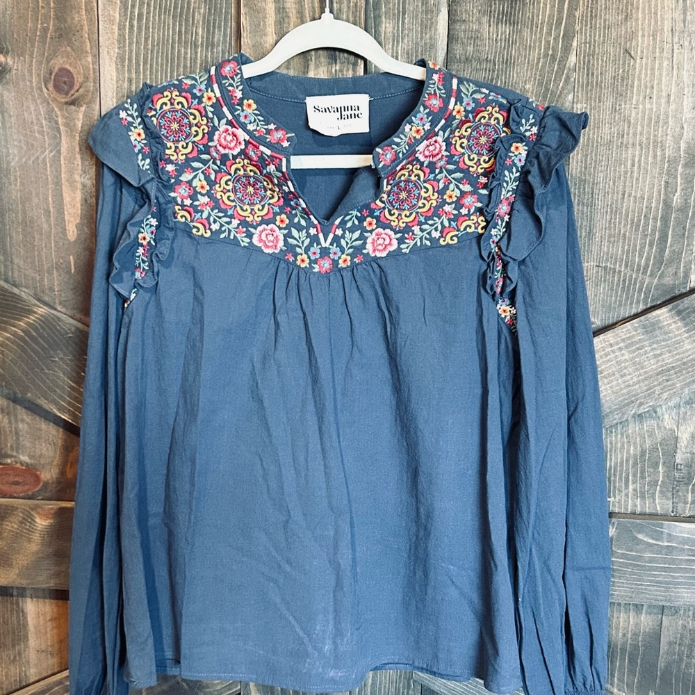 Savanna Jane Blue Floral Embroidered Blouse